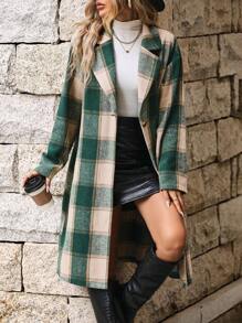 SHEIN Clasi 格紋西裝領落肩袖花呢外套 - 綠色 - 查看 1