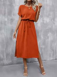 SHEIN Clasi Batwing Sleeve Knot Front Split Thigh Dress