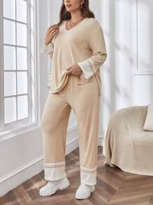 SHEIN Essnce Plus Drop Shoulder Tee & Contrast Panel Pants - Apricot - View 5