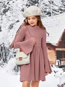 SHEIN 休閒純色女童（大）洋裝 - 藕粉色 - 查看 3