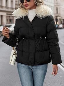SHEIN Unity Fuzzy Trim Zipper Up Padded Padded Coat Clothes Winter - Black - View 4