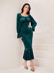 Modelyn Của phụ nữ Nhung Tay áo ren Đuôi cá Hem Đầm - Màu xanh lá cây đậm - Xem 1