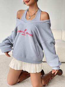 SHEIN EZwear 女士字母刺繡帽衫和露背上衣2件套裝 - 淺灰色 - 查看 3