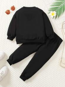 SHEIN Young Girl Heart Print Sweatshirt & Sweatpants - Black - View 2