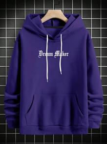 Manfinity EMRG Men Slogan & Sculpture Print Kangaroo Pocket Drawstring Hoodie - Purple - View 2