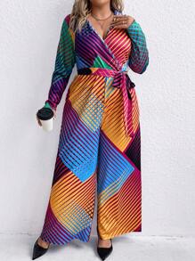 SHEIN Clasi Plus Striped Print Belted Wide Leg Jumpsuit - Multicolor - View 4