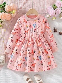 女童華麗花卉印花長袖洋裝,適合秋冬假期派對穿著 - 粉色 - 查看 1