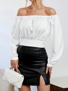 SHEIN Privé 一字肩後綁帶燈籠袖短款襯衫 - 白色 - 查看 5