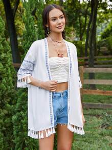 SHEIN WYWH 幾何圖案流蘇下擺夾克 - 藍白色 - 查看 5