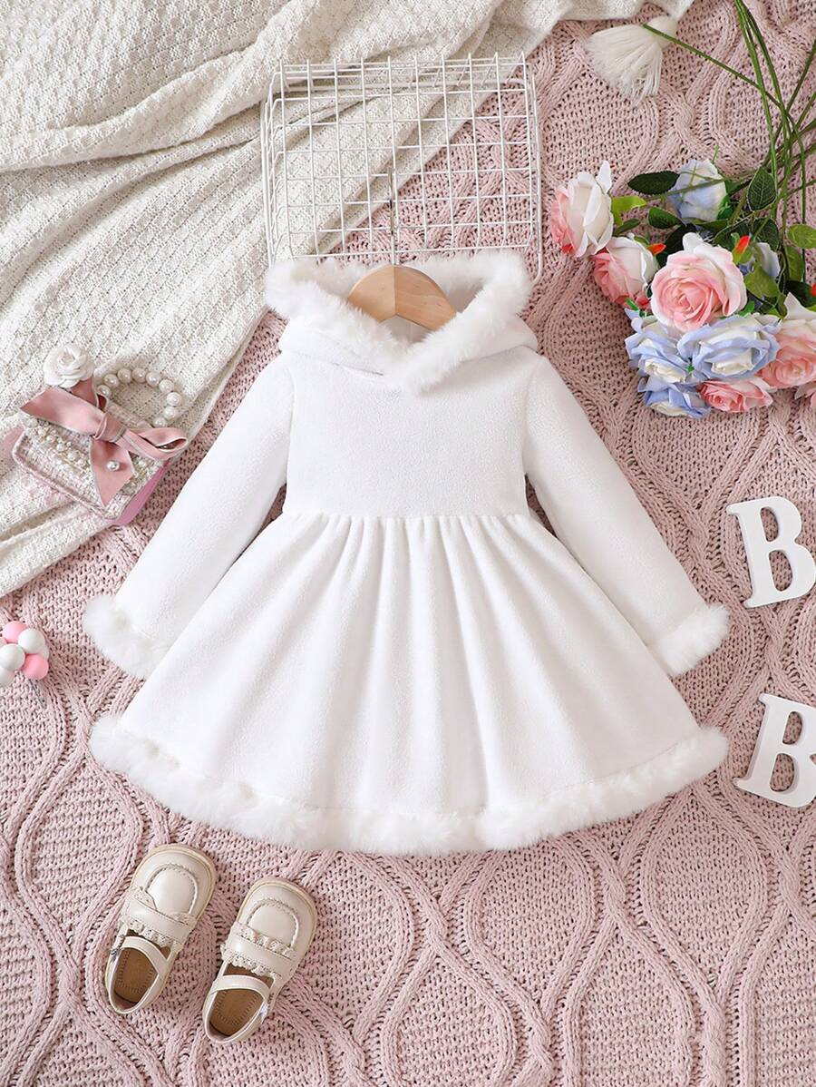 Baby Girl Fuzzy Trim Hooded Dress - White - View 1