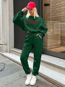 SHEIN Cottnline Letter Embroidery Top + Pants Women's 2-piece Set - Green - View 1