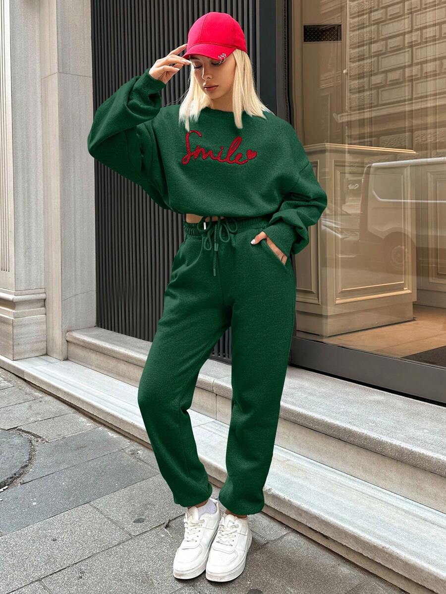 SHEIN Cottnline Letter Embroidery Top + Pants Women's 2-piece Set - Green - View 1