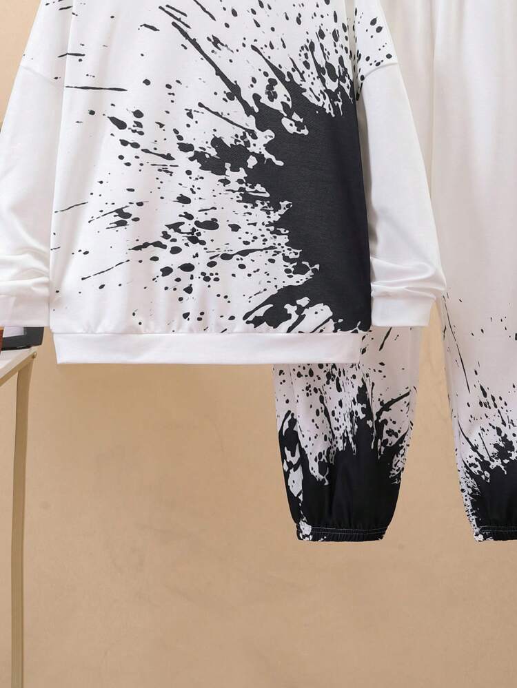 Boys' Casual Hoodie And Jogger Pants Set With Ink Splash Print, Youth