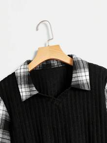 SHEIN EZwear 女性格子拼接下擺衬衫,帶翻領