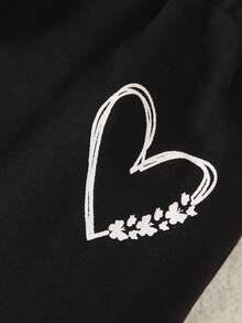SHEIN Young Girl Heart Print Sweatshirt & Sweatpants - Black - View 5
