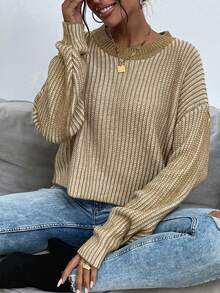 SHEIN Essnce Đồ đan Ribbed Thả vai Áo len - Màu Khaki - Xem 5
