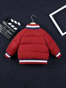 Young Boy Letter Embroidery Striped Trim Raglan Sleeve Puffer Jacket - Red - View 2