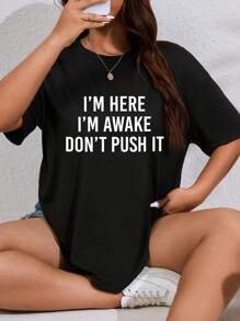 INAWLY 大码 T 恤，带标语印花，我在这里，我醒了，不要推它图案 T 恤，女式夏季上衣 - 黑色 - 查看 4