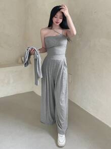 DAZY Solid Color Minimalist Top & Pants Women's Set,Women Two Piece Sets