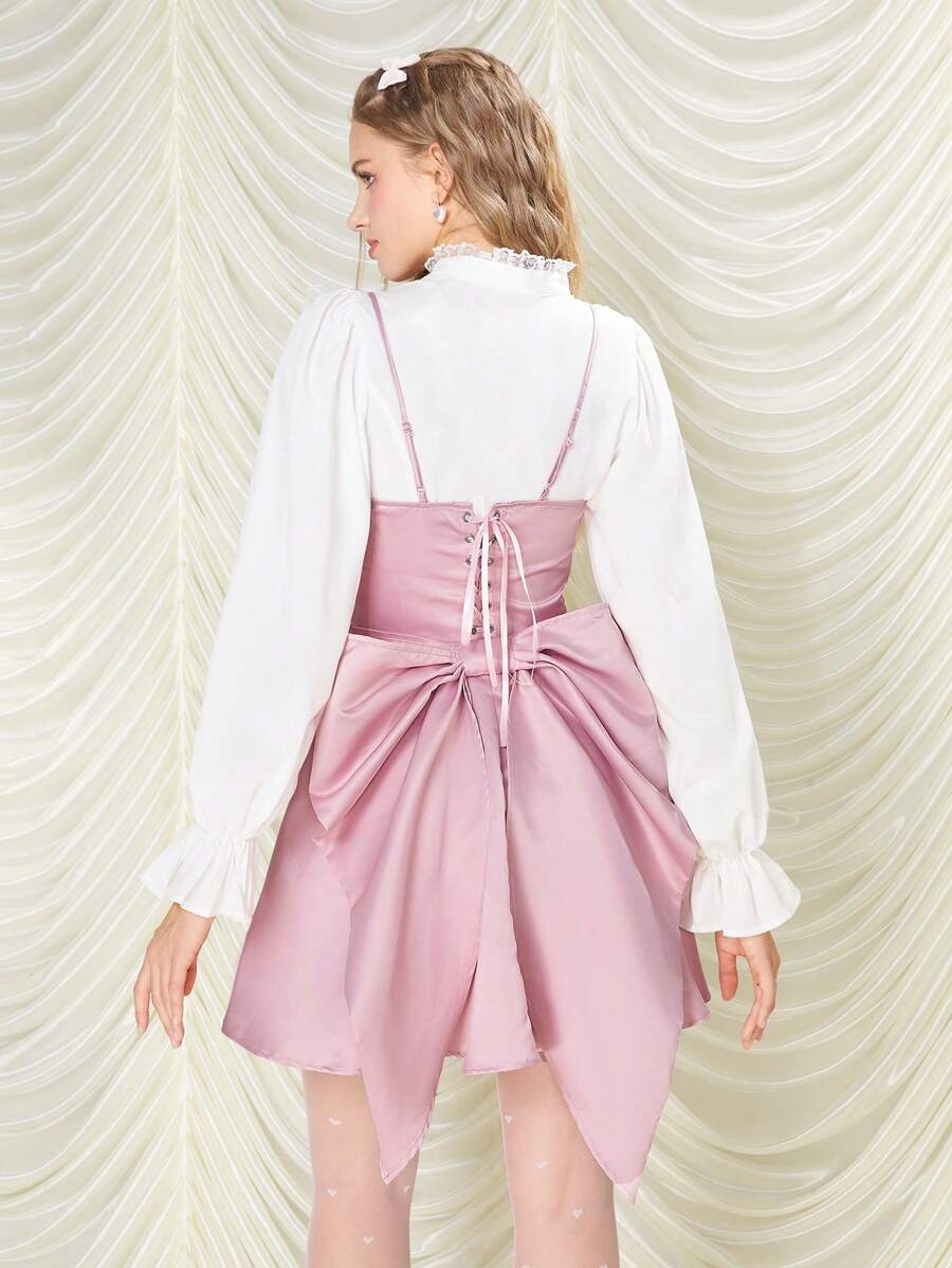 SHEIN X Garcia Sisters SHEIN MOD Váy suông dây mảnh trang trí nơ lớn buộc dây phía sau cho nữ, váy xòe thường ngày cho nữ, váy ngắn hai dây không tay nhún bèo màu hồng trơn bó sát cho nữ, váy ngắn cho nữ, mùa xuân/thu, trang phục thường ngày thường ngày - Hồng - Xem 1