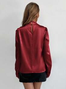 EMERY ROSE Mock Neck Puff Sleeve Satin Blouse - Burgundy - View 2