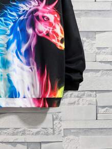 SHEIN Tween Boy Horse Print Drop Shoulder Pullover - Black - View 4