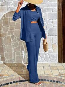 EURMUSE Solid Crop Tank Top & Shirt & Trousers - Blue - View 6