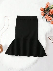 SHEIN 女小童素色魚尾裙下擺針織短裙