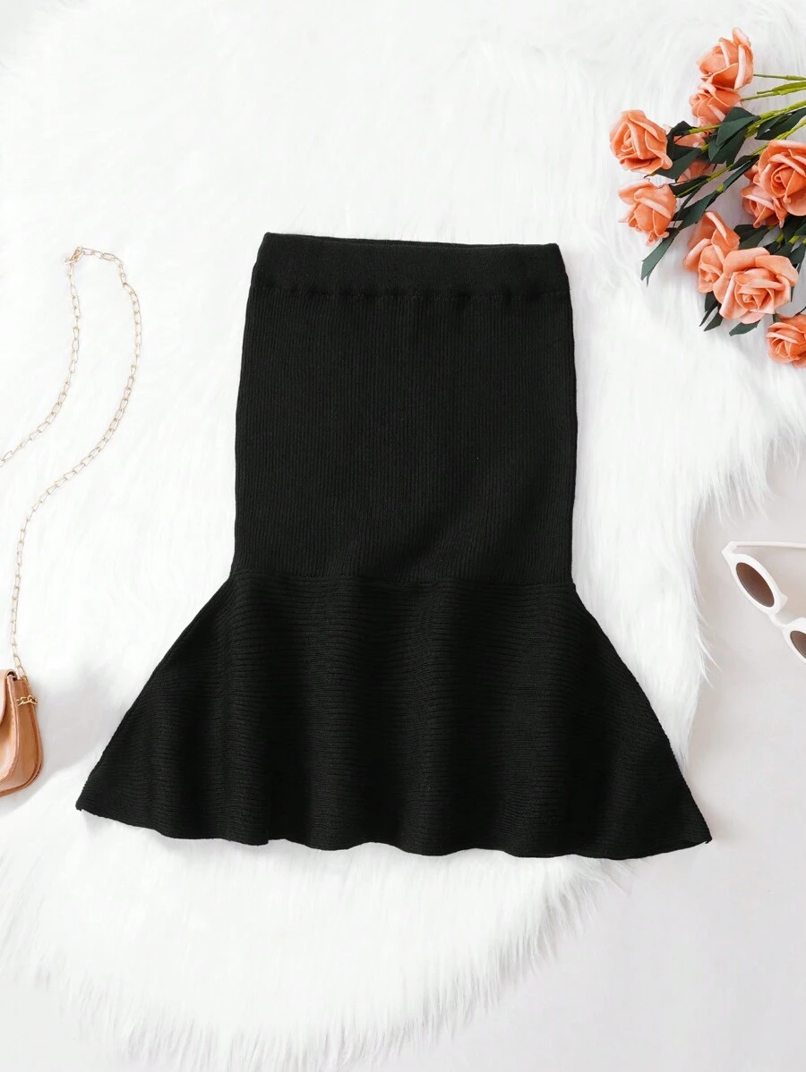SHEIN 女小童素色魚尾裙下擺針織短裙