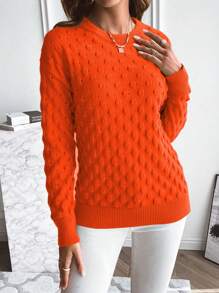 Calvaya Solid Popcorn Knit Drop Shoulder Sweater,Long Sleeve Tops Knit Pullover Fall Winter Sweater - Orange - View 5
