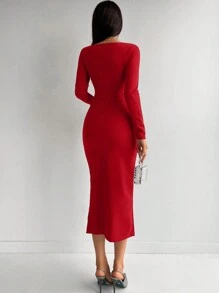 EURMUSE Sweetheart Neck Split Thigh Bodycon Dress - Red - View 2