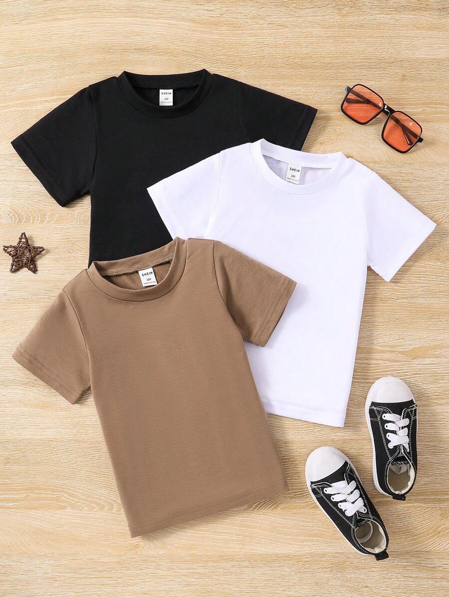 SHEIN Young Boy 3pcs Solid Round Neck Tee, School, Campus, College Summer Holiday - Multicolor - View 1