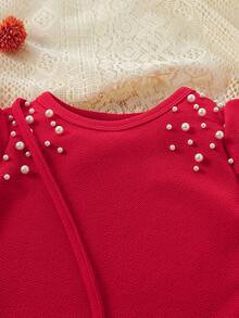 SHEIN 少女仿珍珠串珠大蝴蝶结连衣裙 - 紅色 - 查看 3