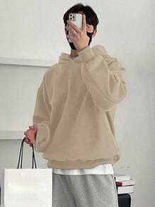 DAZY 男款純色下垂肩帽衫 - 杏色 - 查看 2