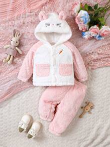女嬰卡通刺繡插肩袖3D耳朵設計連帽法蘭絨夾克和褲子 - 白色 - 查看 1