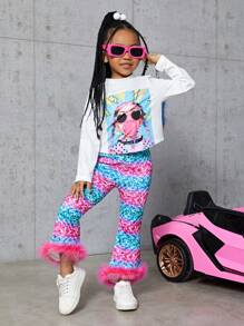 SHEIN Young Girl Allover Print Fuzzy Trim Flare Leg Pants