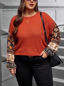 SHEIN LUNE 女款大尺寸花卉印花蕾絲拼接落肩上衣 - 橘色 - 查看 6