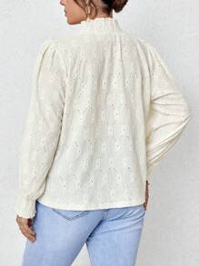 Vionelle Plus Frill Trim Mock Neck Eyelet Embroidery Blouse Fall Cloth For Women - Apricot - View 3