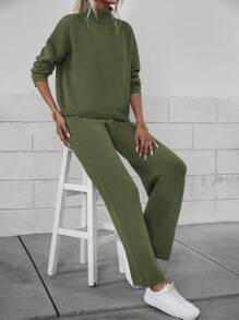SHEIN Essnce Turtleneck Drop Shoulder Sweater & Knit Pants - Green - View 6