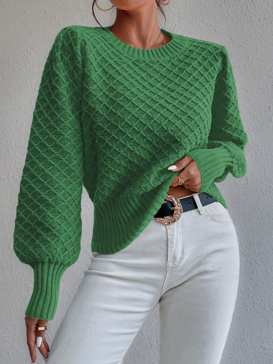 SHEIN LUNE 女士灯笼袖套头毛衣，长袖针织套头衫，秋冬毛衣 - 綠色 - 查看 1