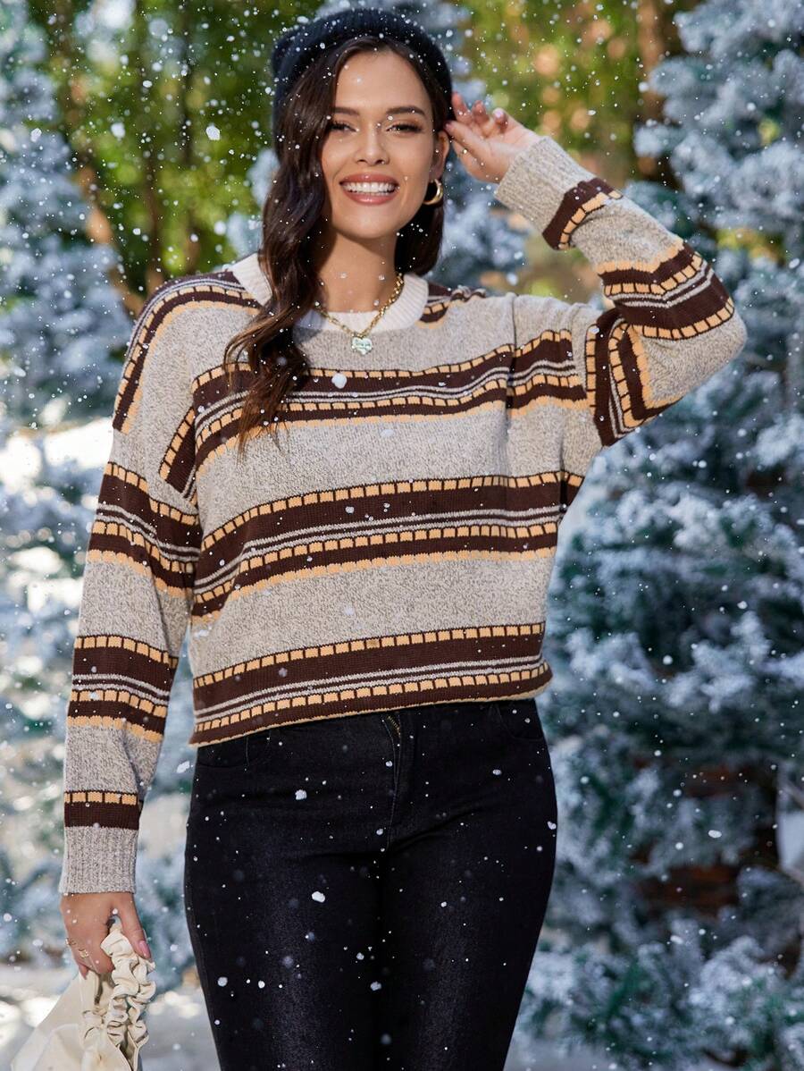 SHEIN LUNE 加大码几何图案落肩针织套头衫秋冬毛衣 - 彩色 - 查看 1