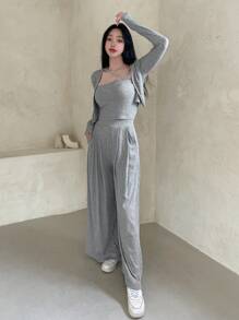 DAZY Solid Color Minimalist Top & Pants Women's Set,Women Two Piece Sets