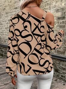 SHEIN LUNE In Toàn bộ Chi tiết chuỗi Cổ không đối xứng Áo sơ mi - Màu be - Xem 2