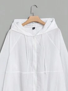 SHEIN EZwear 大碼拉鏈開襟抽繩連帽夾克 - 白色 - 查看 3