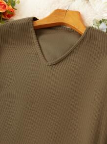 SHEIN Unity Women'S Solid Color Ribbed T-Shirt And Pants Set - Khaki - View 6