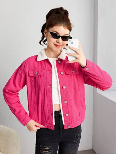 SHEIN 女生少女寬鬆丹寧外套,下垂肩設計