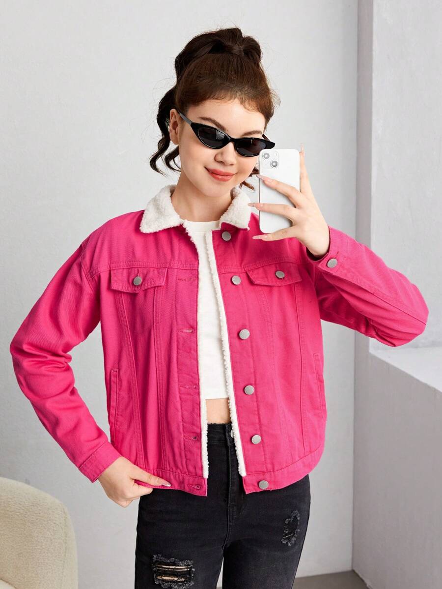 SHEIN Girls' Teenage Oversized Denim Jacket With Dropped Shoulders - Hot Pink - View 1