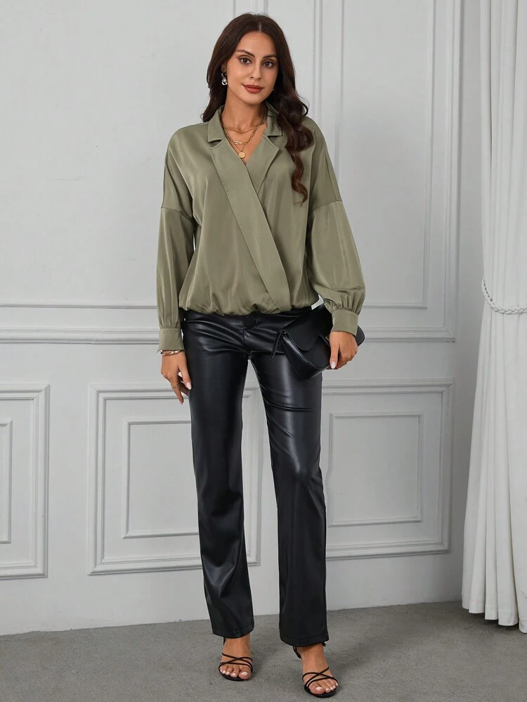 Women's Solid Color Drop Shoulder Wrap Blouse