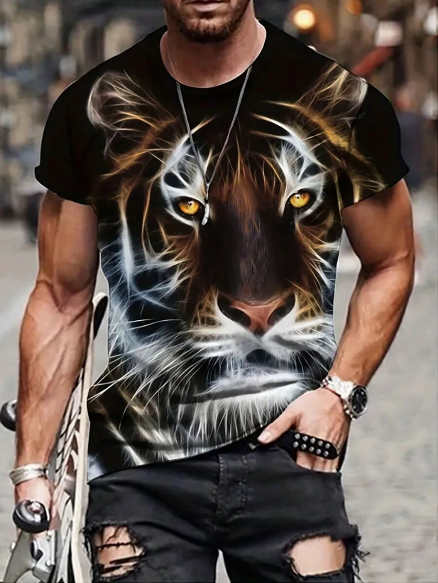 Manfinity LEGND 男士帶有老虎圖案的短袖t卹 - 黑色 - 查看 1