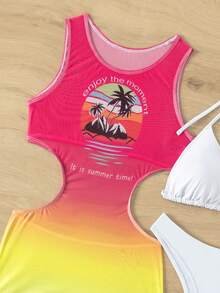 女士純色三角領露肩比基尼套裝和漸變網紗連衣裙,帶有字母和椰樹圖案 - 彩色 - 查看 5